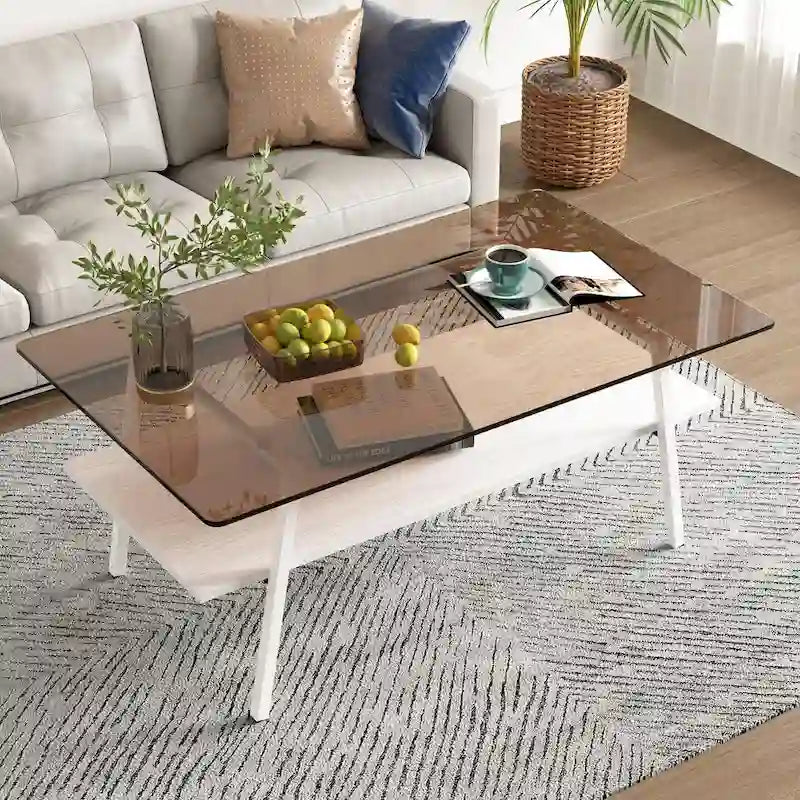Table basse rectangulaire en verre trempé avec étagère en MDF et pieds en métal