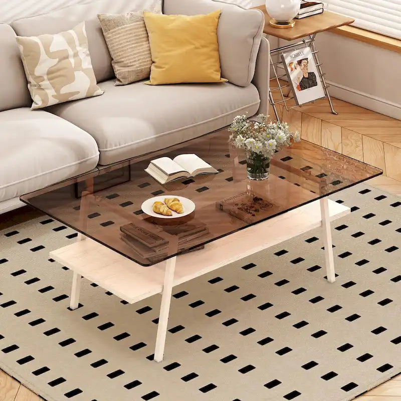 Table basse rectangulaire en verre trempé avec étagère en MDF et pieds en métal