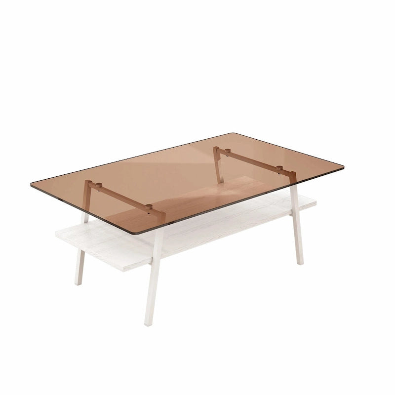 Table basse rectangulaire en verre trempé avec étagère en MDF et pieds en métal