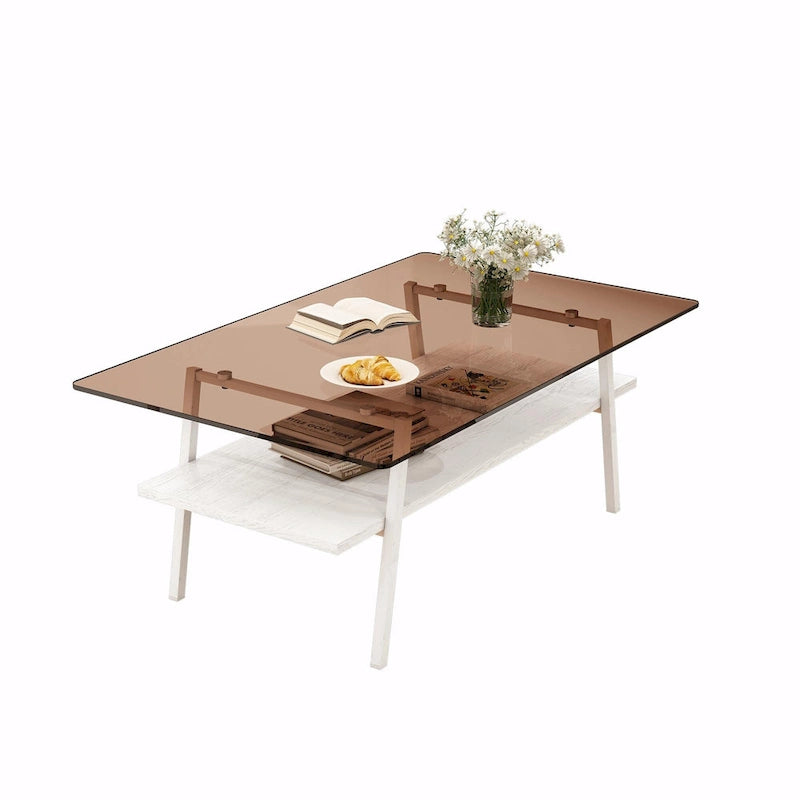 Table basse rectangulaire en verre trempé avec étagère en MDF et pieds en métal