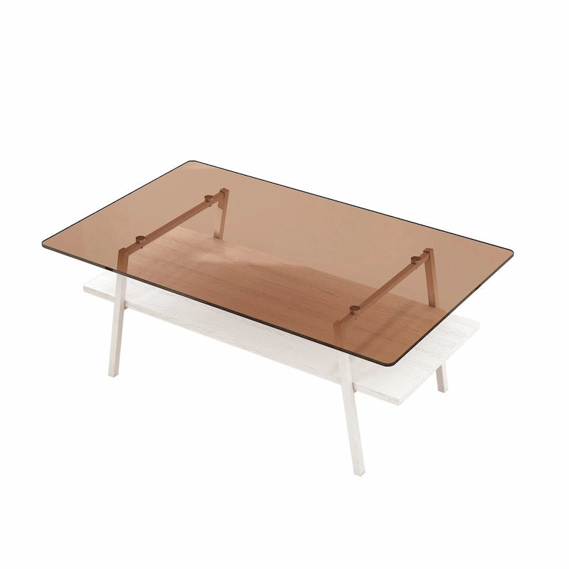 Table basse rectangulaire en verre trempé avec étagère en MDF et pieds en métal