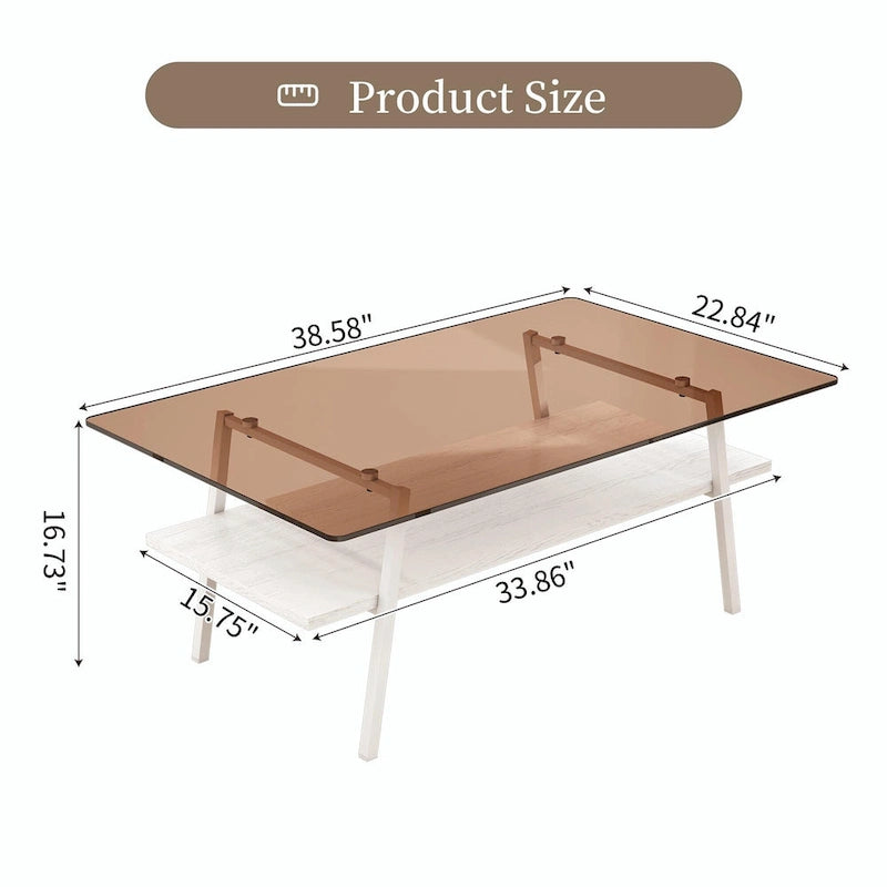 Table basse rectangulaire en verre trempé avec étagère en MDF et pieds en métal