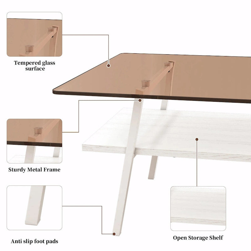 Table basse rectangulaire en verre trempé avec étagère en MDF et pieds en métal