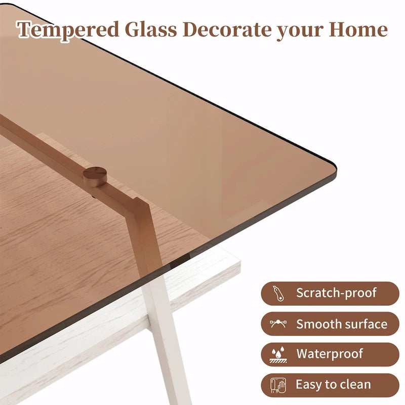 Table basse rectangulaire en verre trempé avec étagère en MDF et pieds en métal