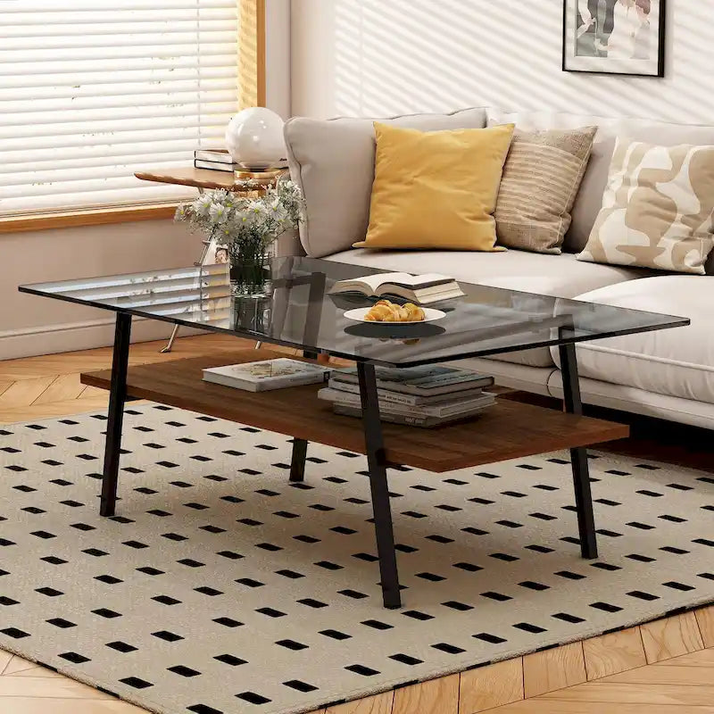 Table basse rectangulaire en verre trempé avec étagère en MDF et pieds en métal