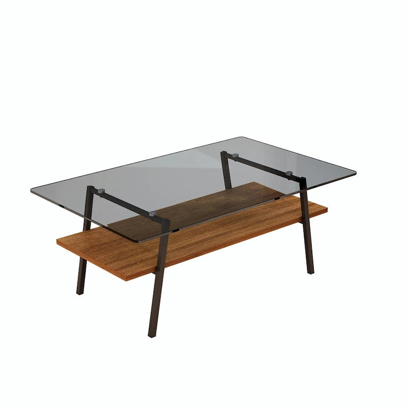 Table basse rectangulaire en verre trempé avec étagère en MDF et pieds en métal