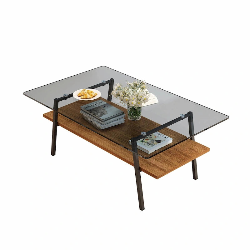 Table basse rectangulaire en verre trempé avec étagère en MDF et pieds en métal