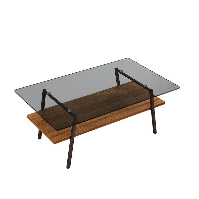 Table basse rectangulaire en verre trempé avec étagère en MDF et pieds en métal