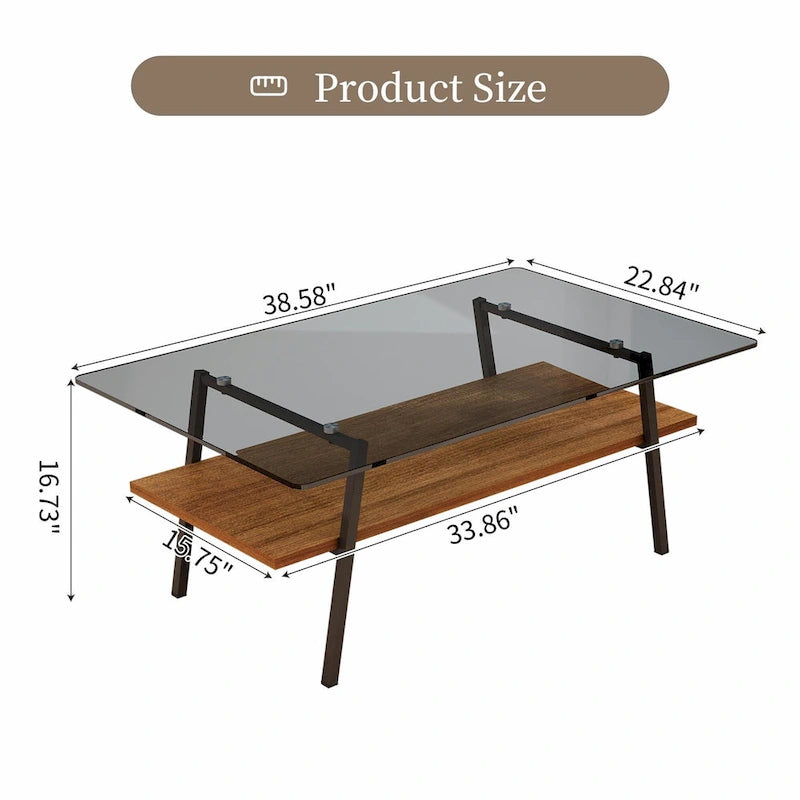 Table basse rectangulaire en verre trempé avec étagère en MDF et pieds en métal