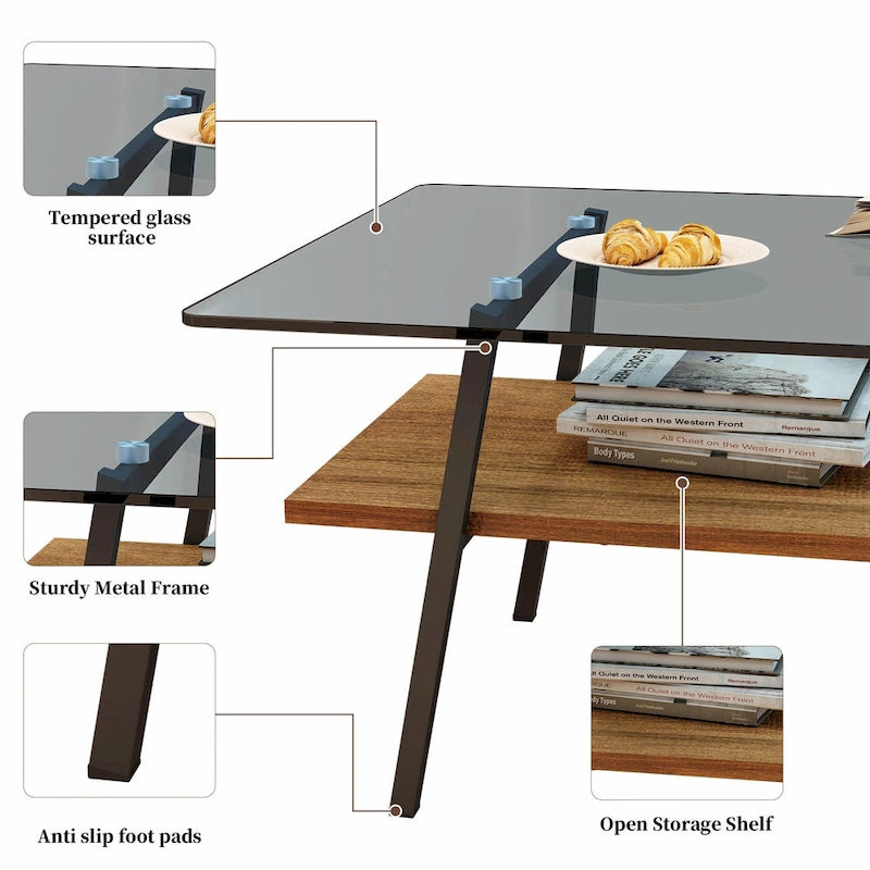 Table basse rectangulaire en verre trempé avec étagère en MDF et pieds en métal