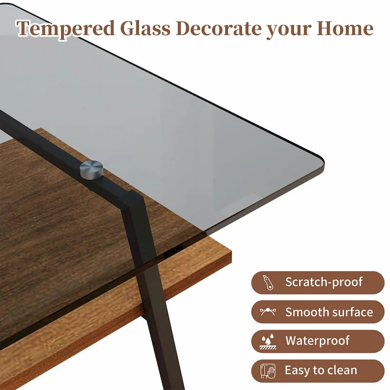 Table basse rectangulaire en verre trempé avec étagère en MDF et pieds en métal