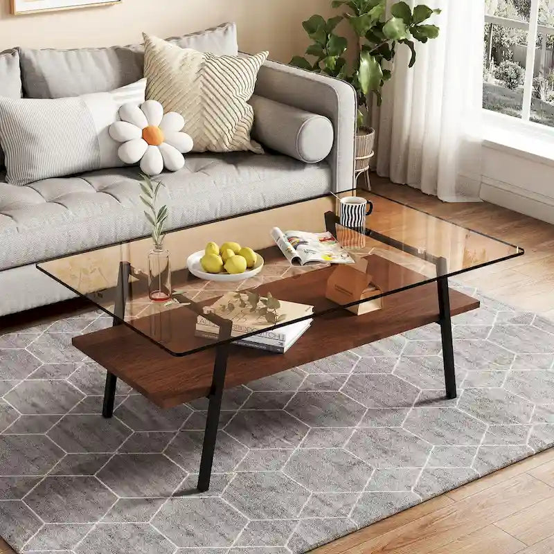 Table basse rectangulaire en verre trempé avec étagère en MDF et pieds en métal
