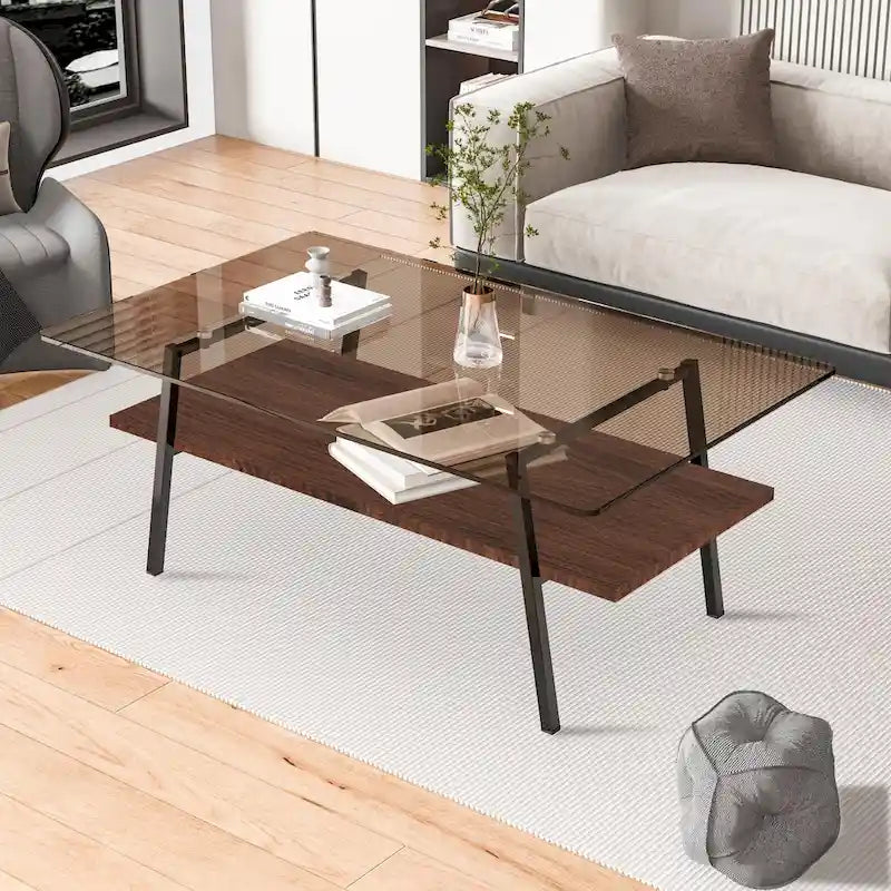 Table basse rectangulaire en verre trempé avec étagère en MDF et pieds en métal