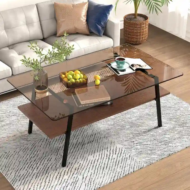 Table basse rectangulaire en verre trempé avec étagère en MDF et pieds en métal