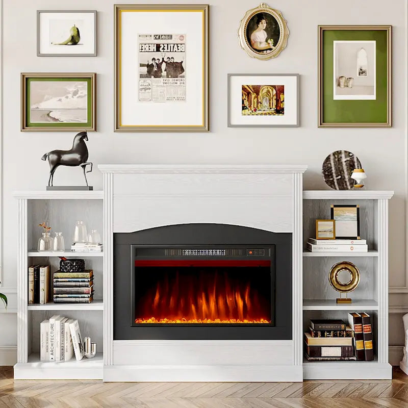 Meuble TV cheminée électrique avec manteau et étagères de rangement ouvertes Blanc