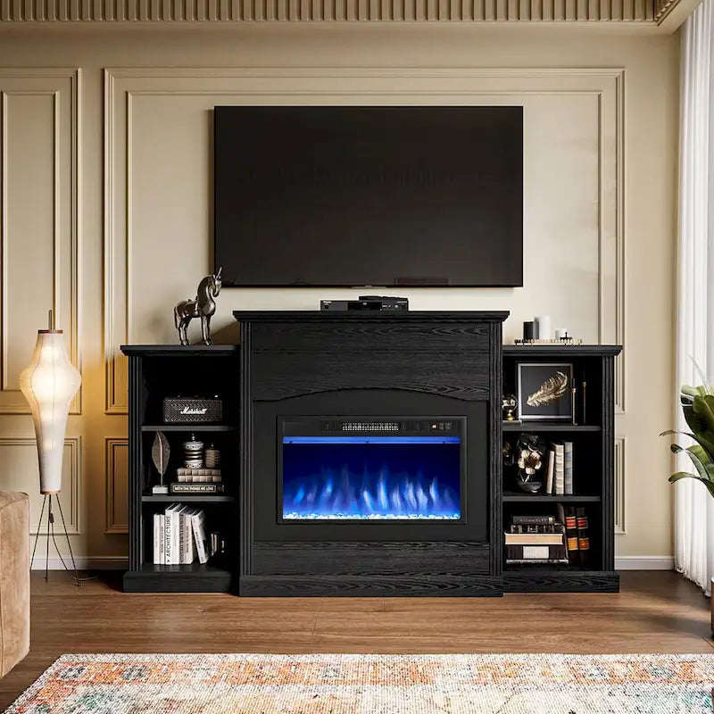 Meuble TV cheminée électrique avec manteau et étagères de rangement ouvertes Blanc