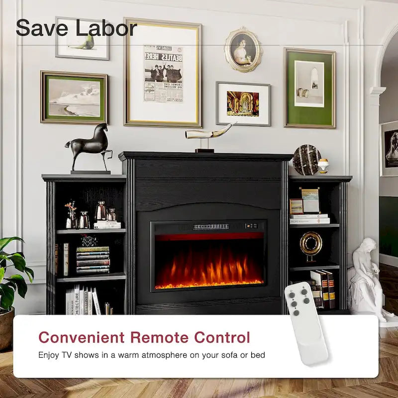 Meuble TV cheminée électrique avec manteau et étagères de rangement ouvertes Blanc