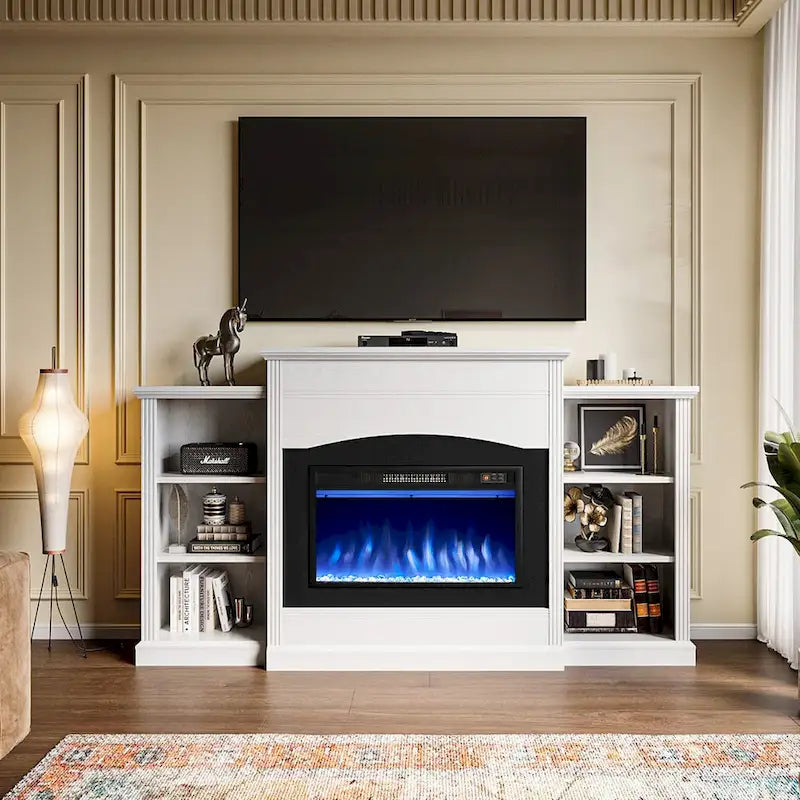Meuble TV cheminée électrique avec manteau et étagères de rangement ouvertes Blanc