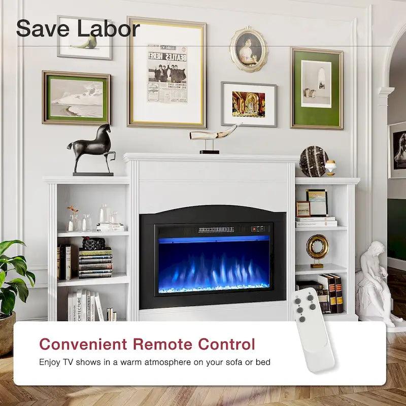Meuble TV cheminée électrique avec manteau et étagères de rangement ouvertes Blanc