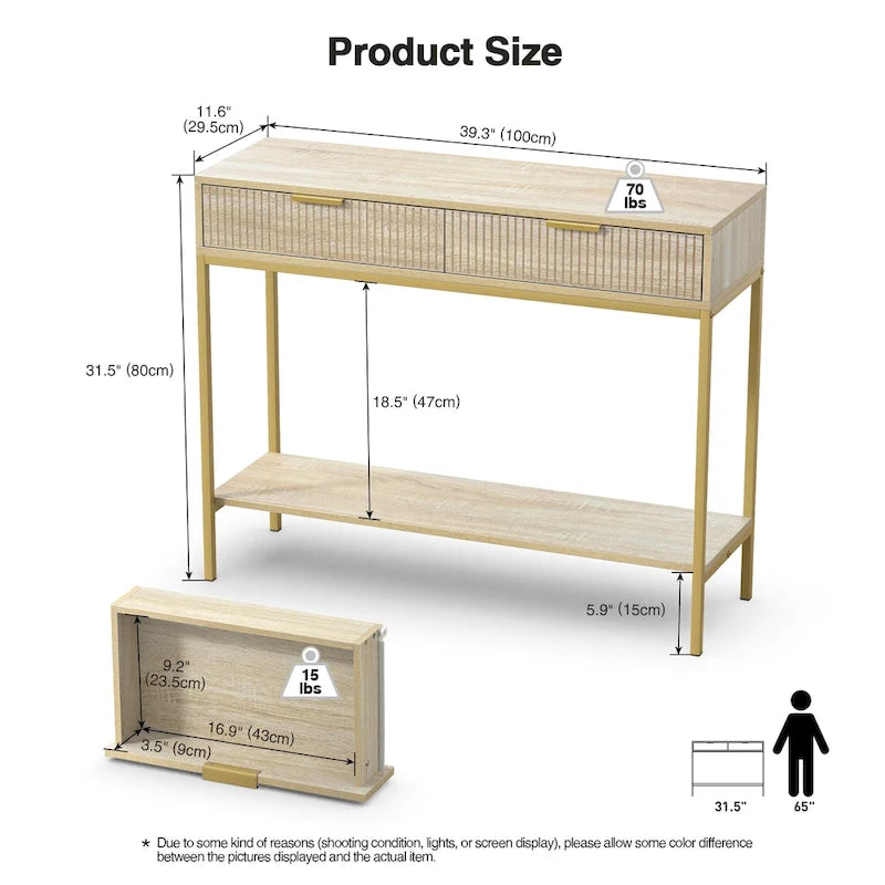 Table de console étroite pour entrée avec 2 tiroirs, étagère ouverte et pieds en métal doré, finition chêne.