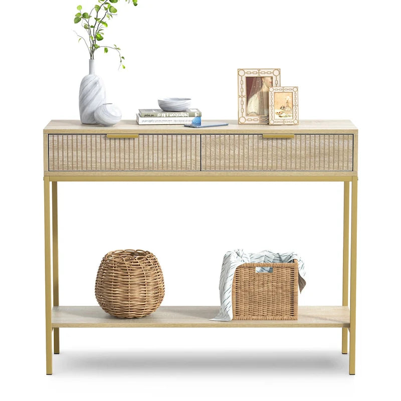 Table de console étroite pour entrée avec 2 tiroirs, étagère ouverte et pieds en métal doré, finition chêne.