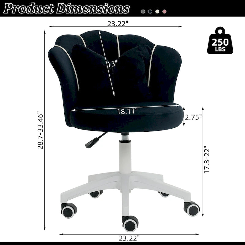 Chaise de bureau pivotante en velours dossier fleur capitonné réglable en hauteur rose blanc gris noir