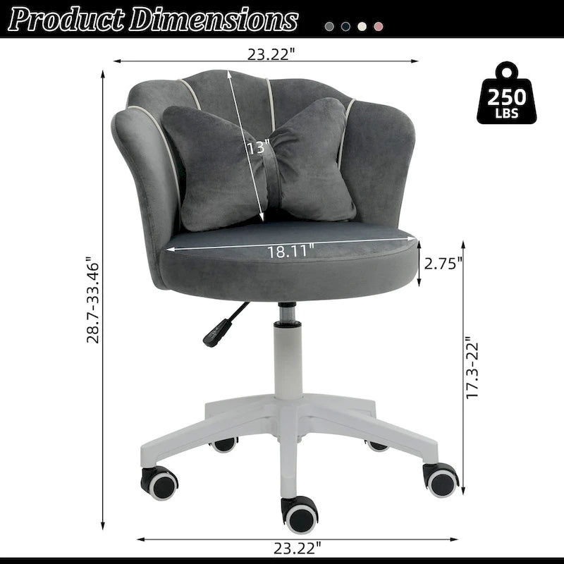 Chaise de bureau pivotante en velours dossier fleur capitonné réglable en hauteur rose blanc gris noir