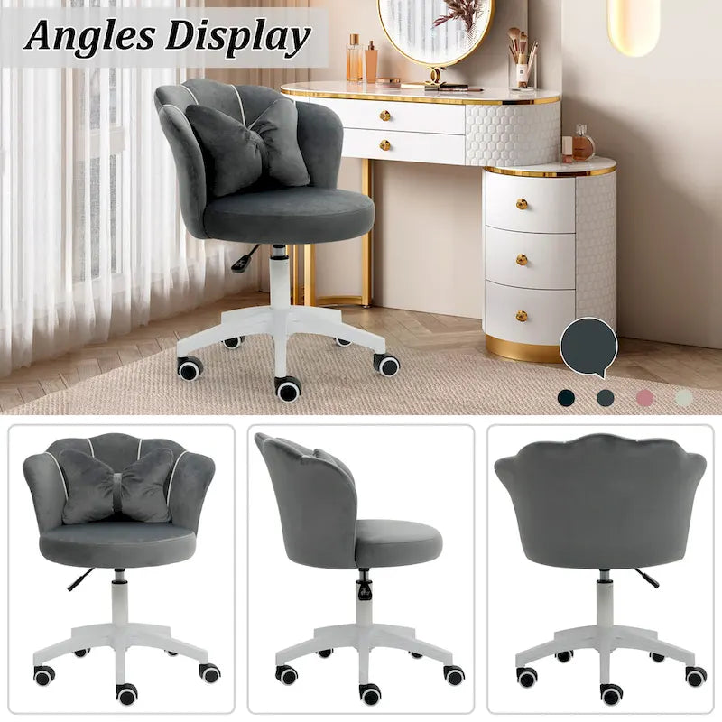 Chaise de bureau pivotante en velours dossier fleur capitonné réglable en hauteur rose blanc gris noir