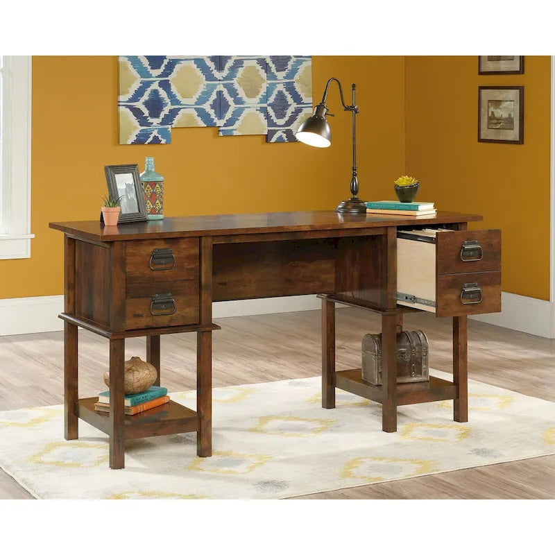 Bureau rustique en bois marron avec tiroirs et étagères de rangement