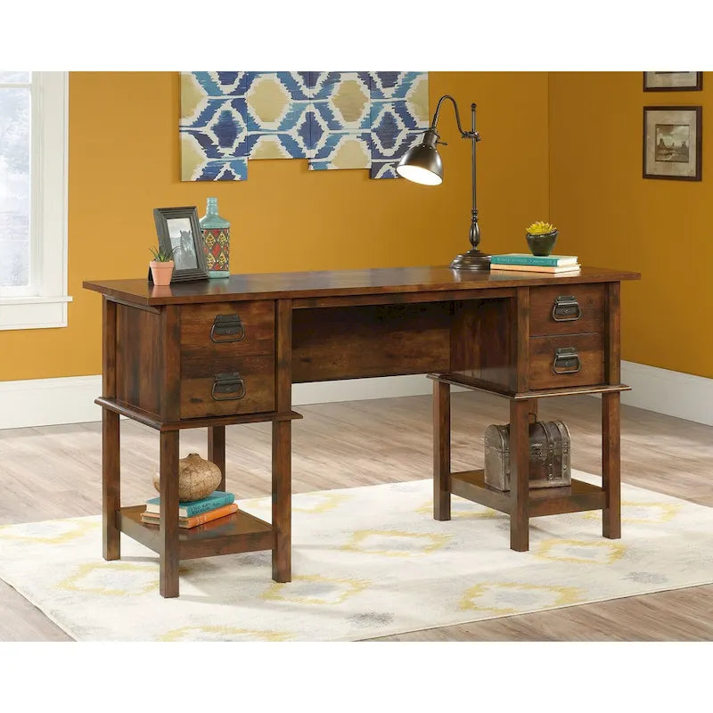 Bureau rustique en bois marron avec tiroirs et étagères de rangement