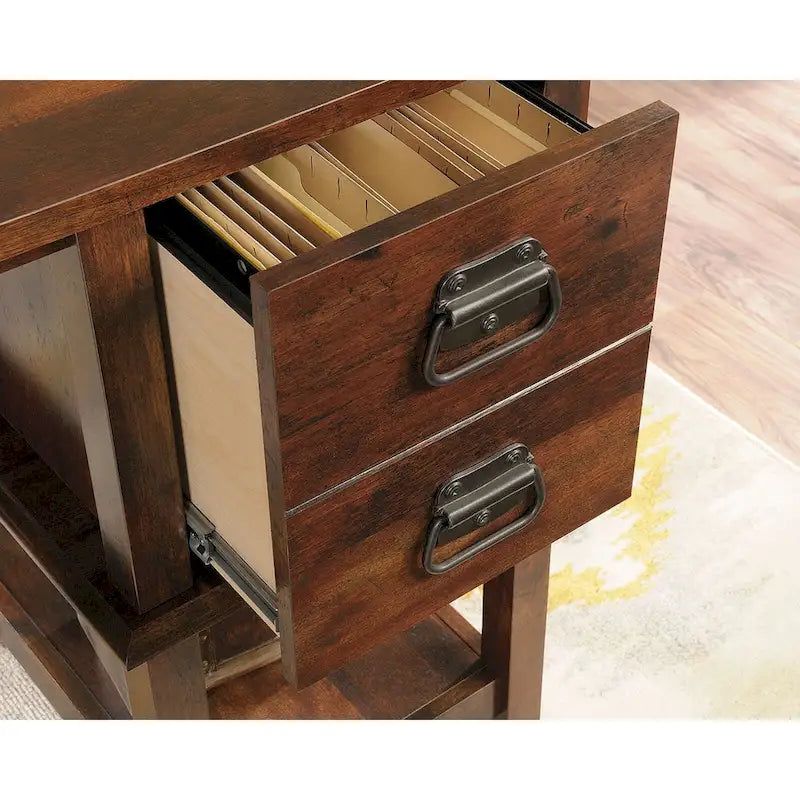 Bureau rustique en bois marron avec tiroirs et étagères de rangement