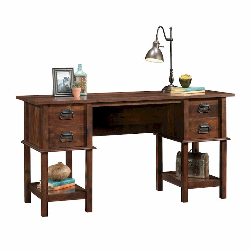 Bureau rustique en bois marron avec tiroirs et étagères de rangement