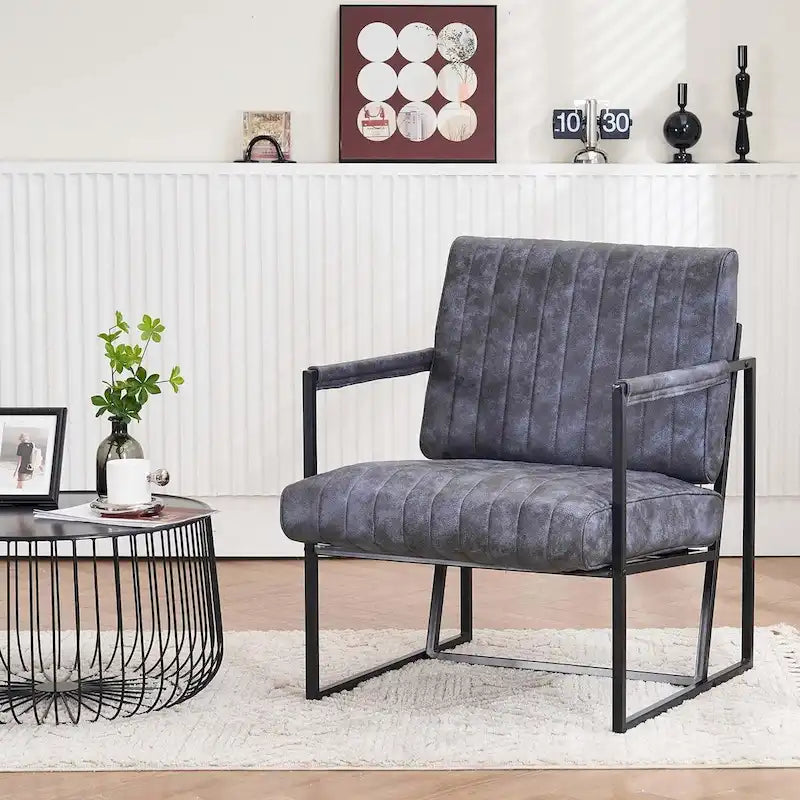 Fauteuil d'appoint Leathaire à surpiqûres verticales avec cadre en métal noir