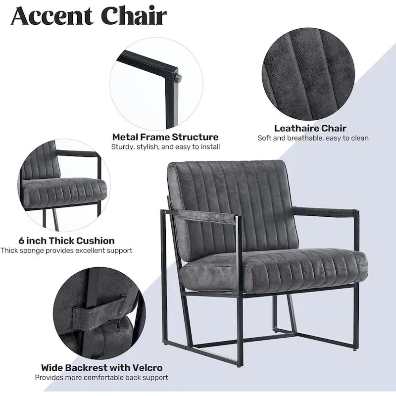 Fauteuil d'appoint Leathaire à surpiqûres verticales avec cadre en métal noir