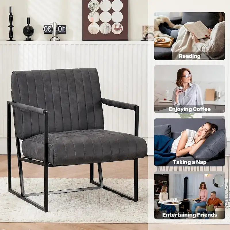 Fauteuil d'appoint Leathaire à surpiqûres verticales avec cadre en métal noir