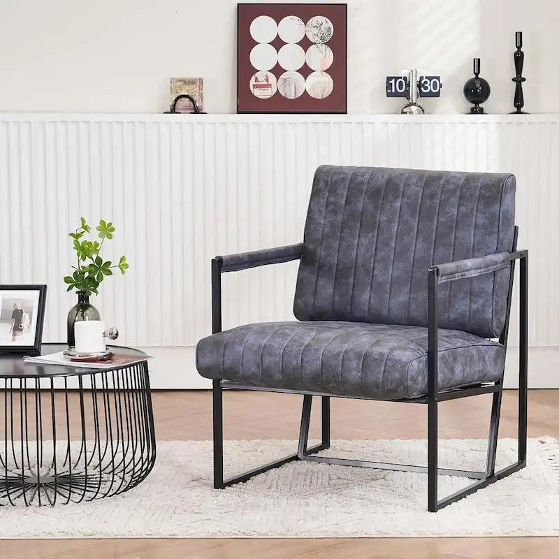 Fauteuil d'appoint Leathaire à surpiqûres verticales avec cadre en métal noir