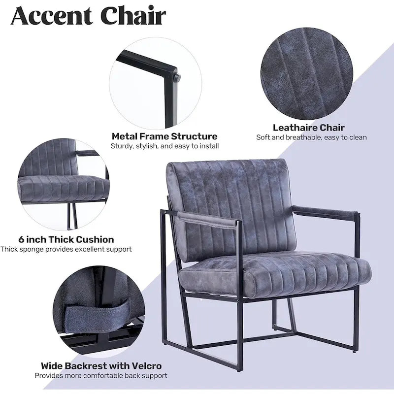 Fauteuil d'appoint Leathaire à surpiqûres verticales avec cadre en métal noir
