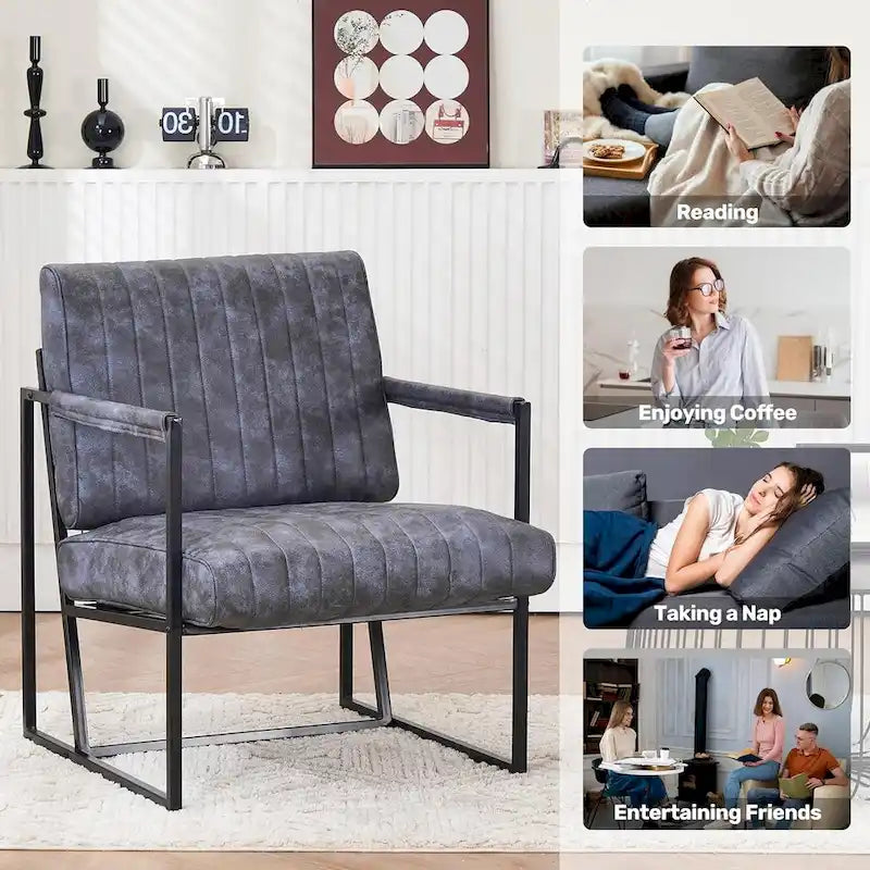 Fauteuil d'appoint Leathaire à surpiqûres verticales avec cadre en métal noir