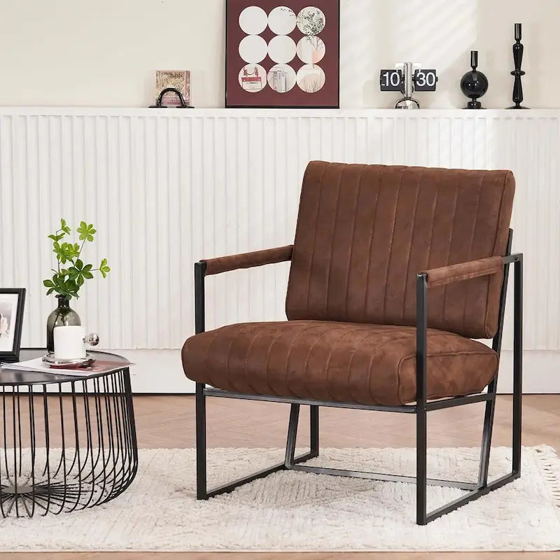 Fauteuil d'appoint Leathaire à surpiqûres verticales avec cadre en métal noir