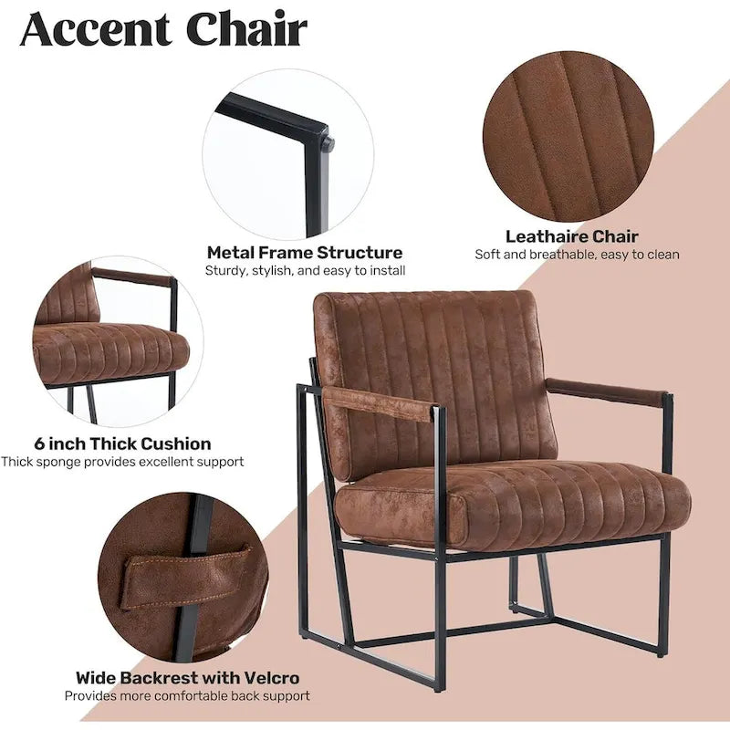 Fauteuil d'appoint Leathaire à surpiqûres verticales avec cadre en métal noir