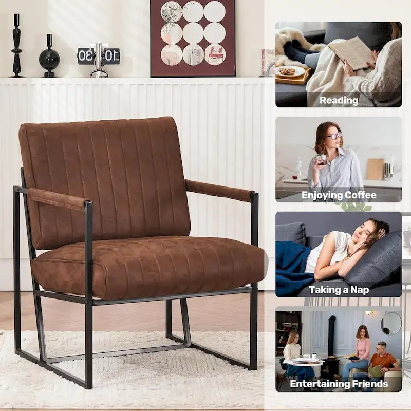 Fauteuil d'appoint Leathaire à surpiqûres verticales avec cadre en métal noir