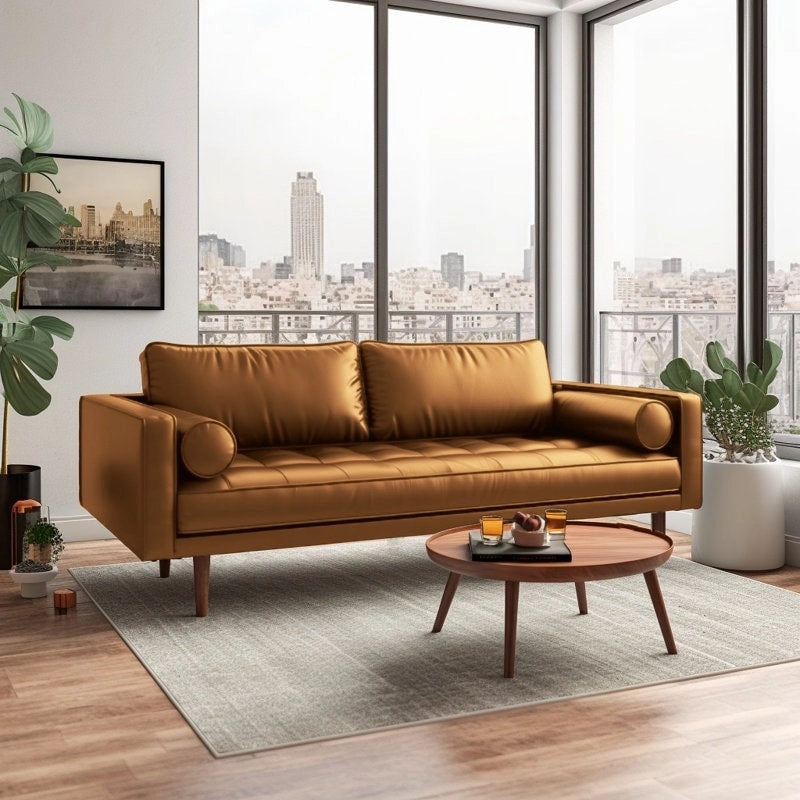 Canapé en similicuir 70" avec accoudoirs carrés et traversins, style Mid-Century Modern