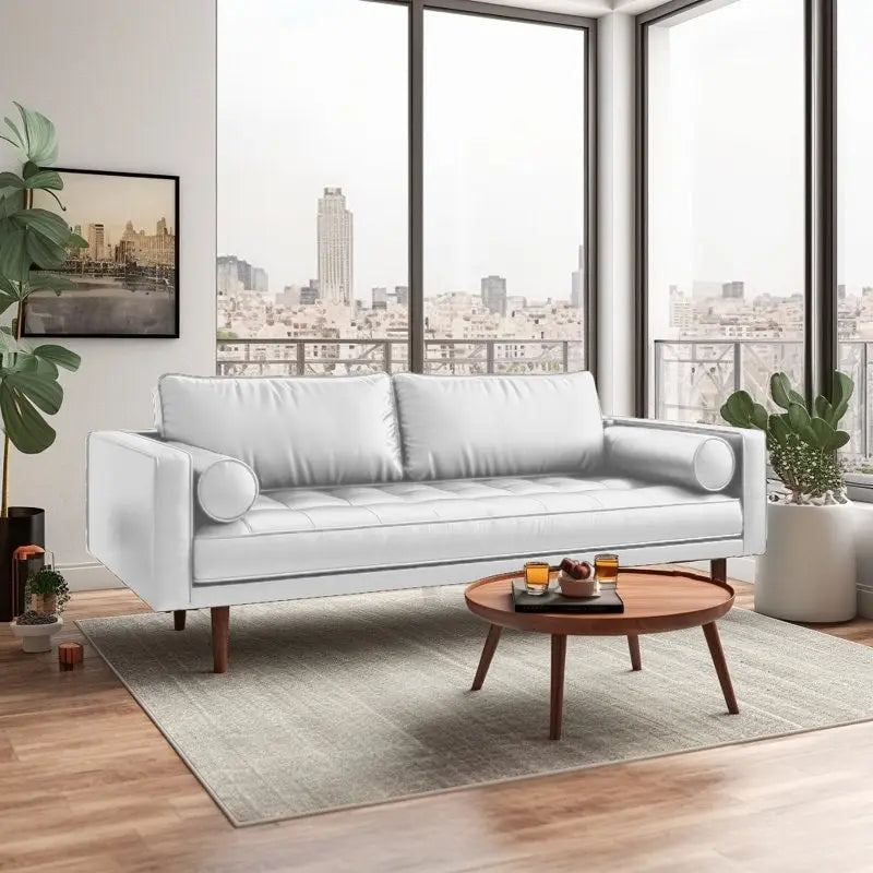 Canapé en similicuir 70" avec accoudoirs carrés et traversins, style Mid-Century Modern