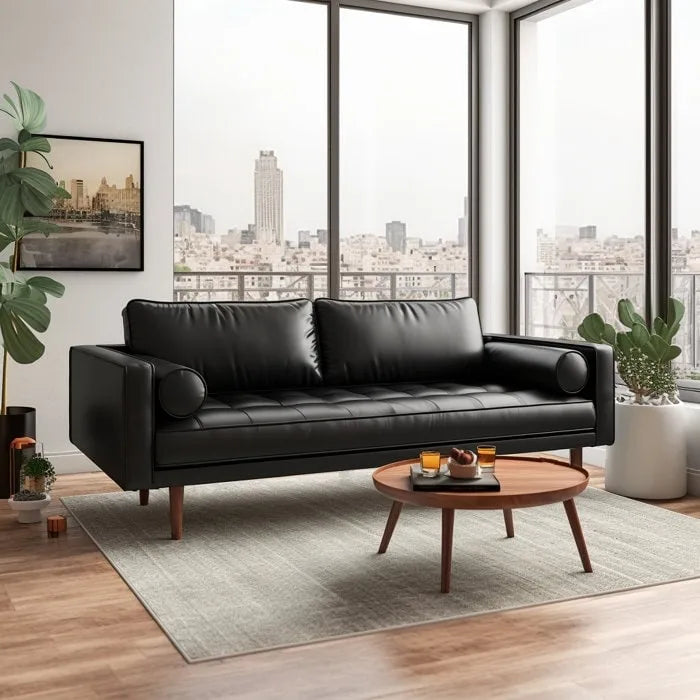 Canapé en similicuir 70" avec accoudoirs carrés et traversins, style Mid-Century Modern