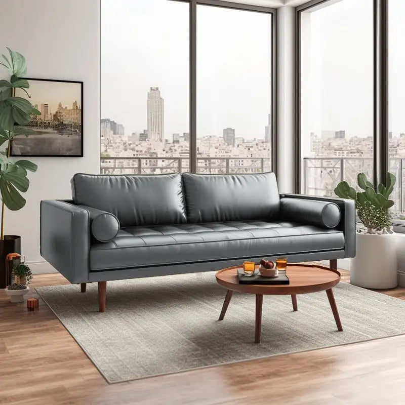 Canapé en similicuir 70" avec accoudoirs carrés et traversins, style Mid-Century Modern