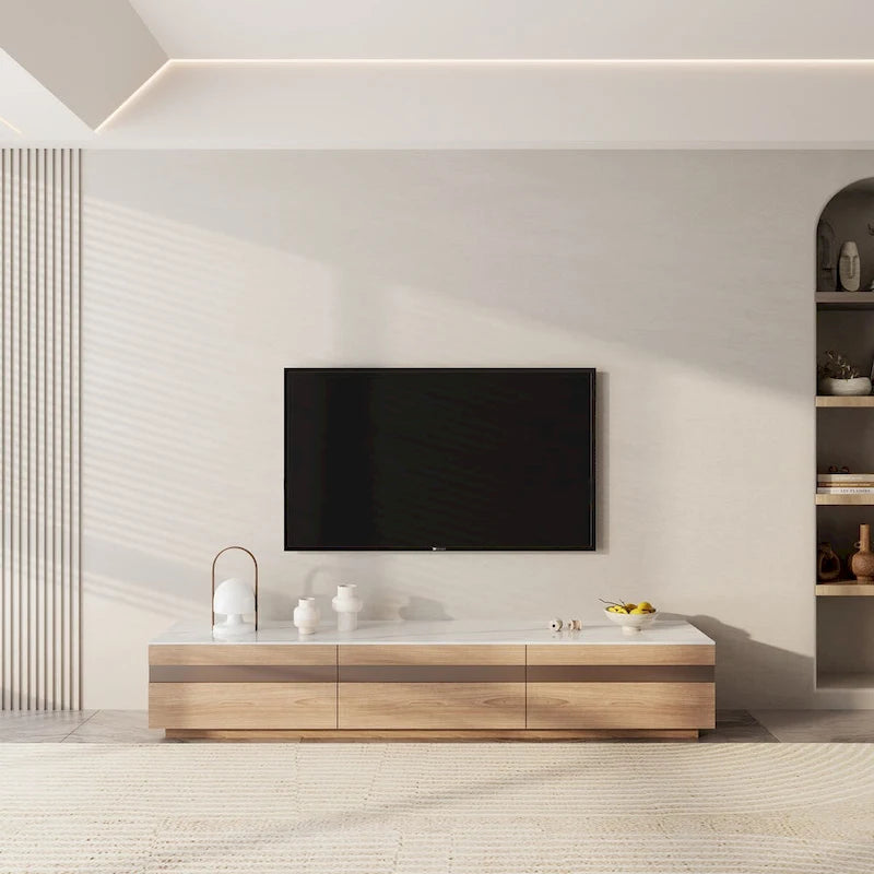 Meuble TV en bois avec plateau en pierre et tiroirs de rangement