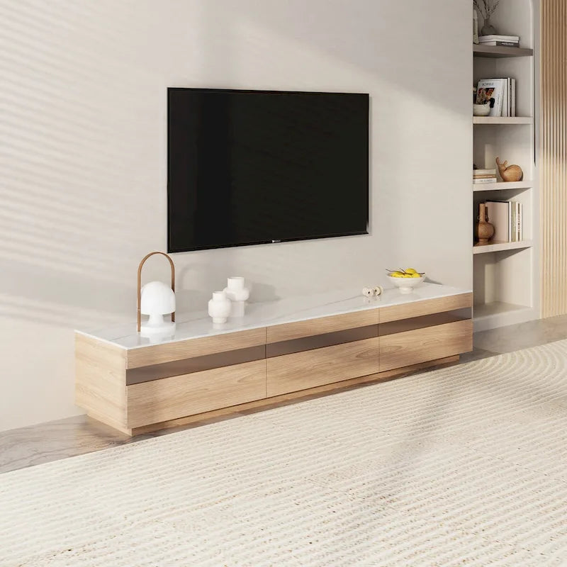 Meuble TV en bois avec plateau en pierre et tiroirs de rangement