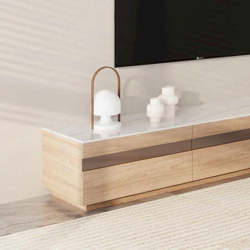 Meuble TV en bois avec plateau en pierre et tiroirs de rangement