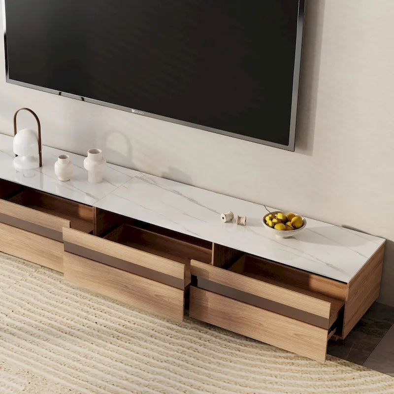 Meuble TV en bois avec plateau en pierre et tiroirs de rangement