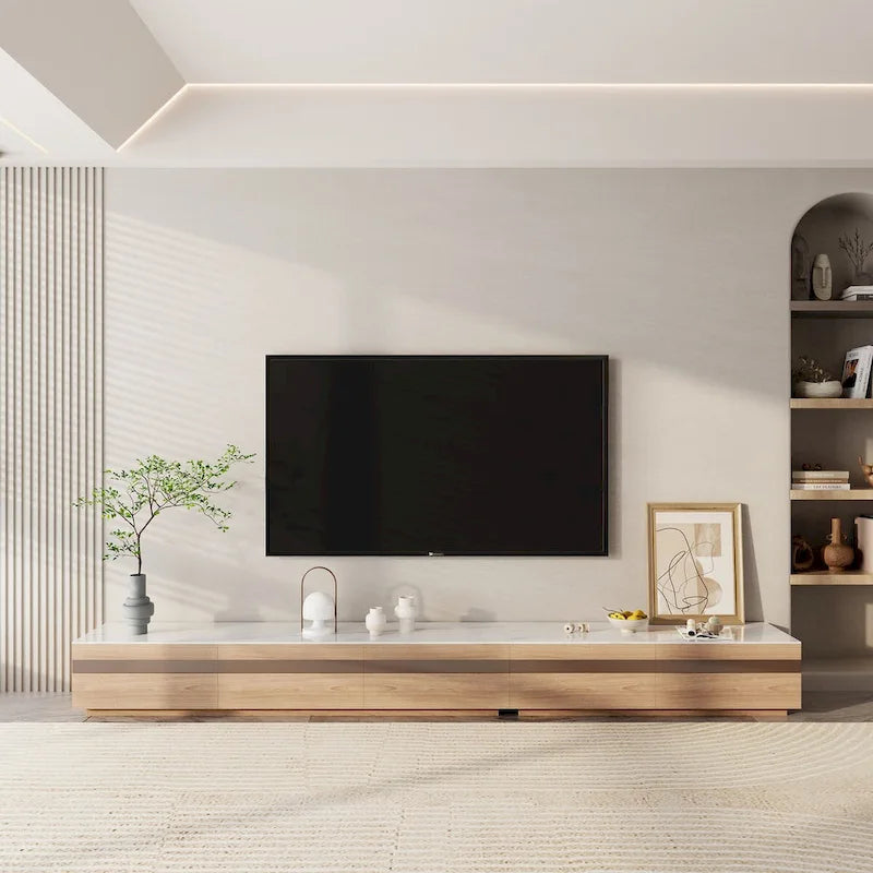 Meuble TV en bois avec plateau en pierre et tiroirs de rangement